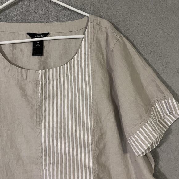 Ali Miles Top Plus Sz 2X Beige Linen Blend Pocket Flowy Lagenlook Stripe Accent - Picture 2 of 8
